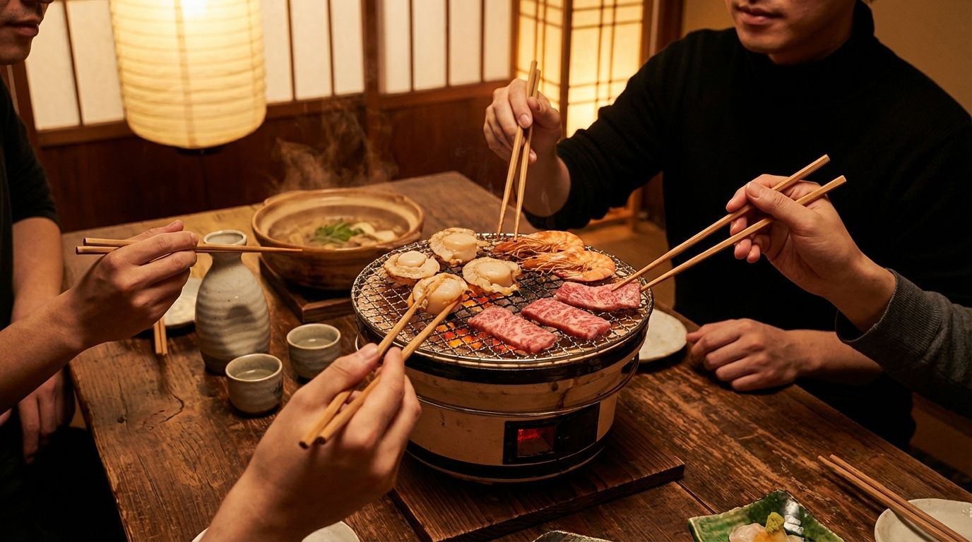 신선한 조개와 프리미엄 고기가 올려진 테이블 숯불 그릴, 젓가락을 든 손이 보이고, 사케 병이 테이블 위에, 이자카야의 아늑한 조명