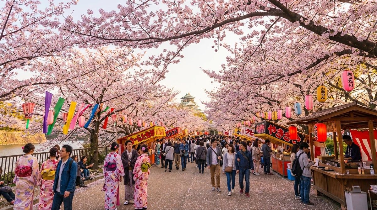 Spring festival scene in Osaka, cherry blossoms framing traditional festival decorations, soft pink petals, gentle sunlight