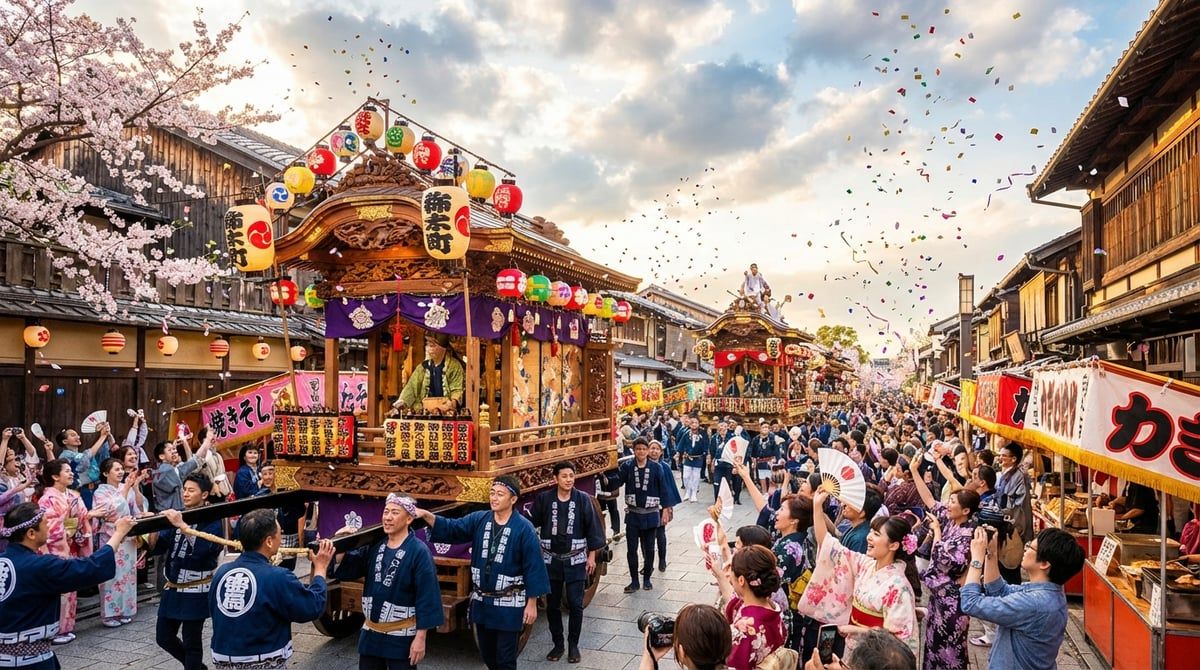 Japanese festival parade with decorated floats moving through streets of Japan, excited crowds watching from sidewalks, festive atmosphere, vibrant colors