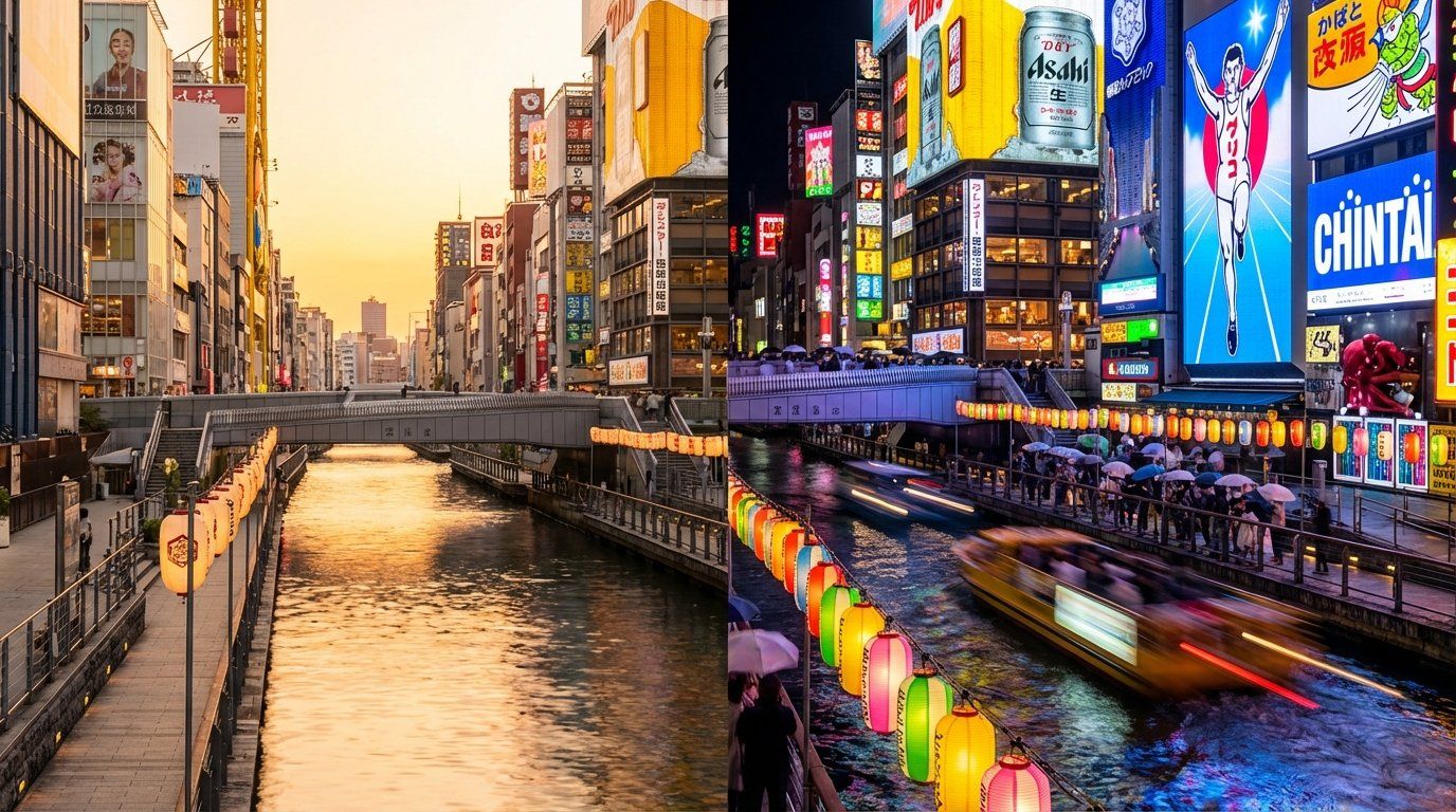 Split composition showing Dotonbori canal during golden hour with warm sunset light on the left transitioning to full neon nighttime spectacle on the right, crowds increasing from day to night