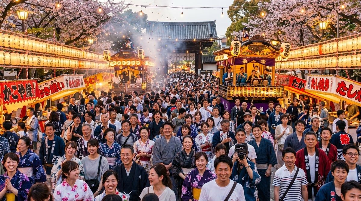 Vibrant crowd enjoying Japanese festival in Japan, happy faces, traditional and modern mix, festival energy, colorful scene