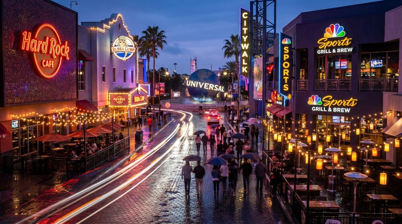 The illuminated Universal CityWalk shopping and dining street at night, neon signs reflecting on wet pavement, visitors strolling past restaurant fronts with outdoor seating, the iconic Universal globe visible in the background