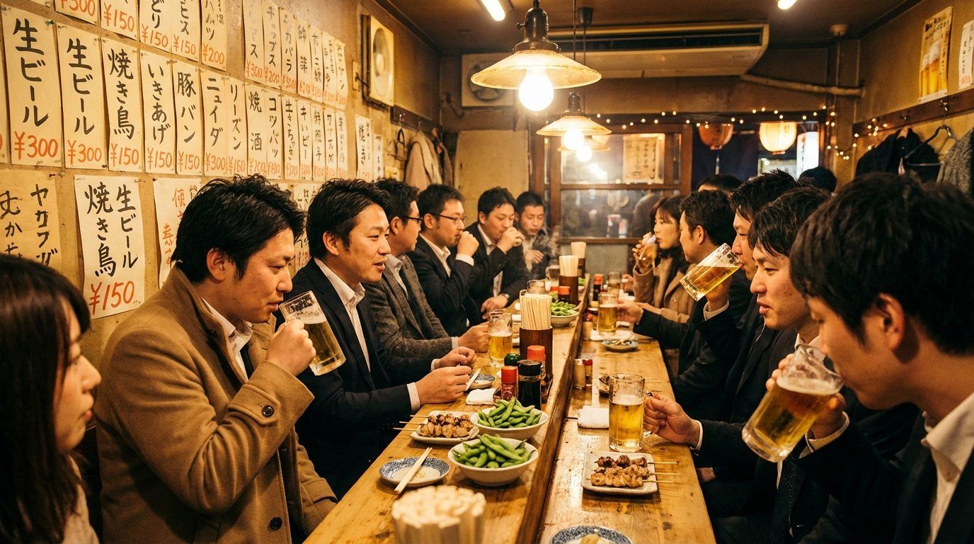 Interior of a tiny tachinomi standing bar with customers shoulder to shoulder at a narrow wooden counter, small plates of yakitori and edamame between beer glasses, handwritten price tags on the wall showing drinks from ¥300, warm incandescent lighting creating an intimate atmosphere