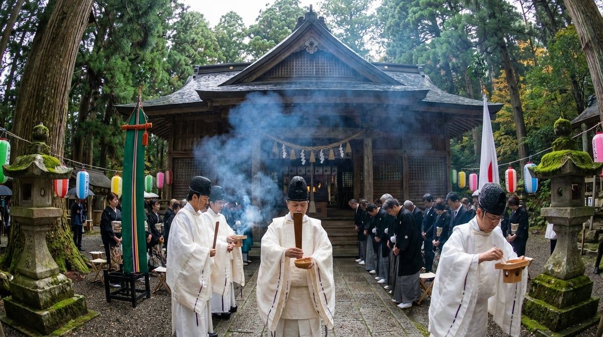 Shinto shrine ceremony during Japanese festival at Japan, priests in white robes, sacred ritual, incense smoke, solemn atmosphere