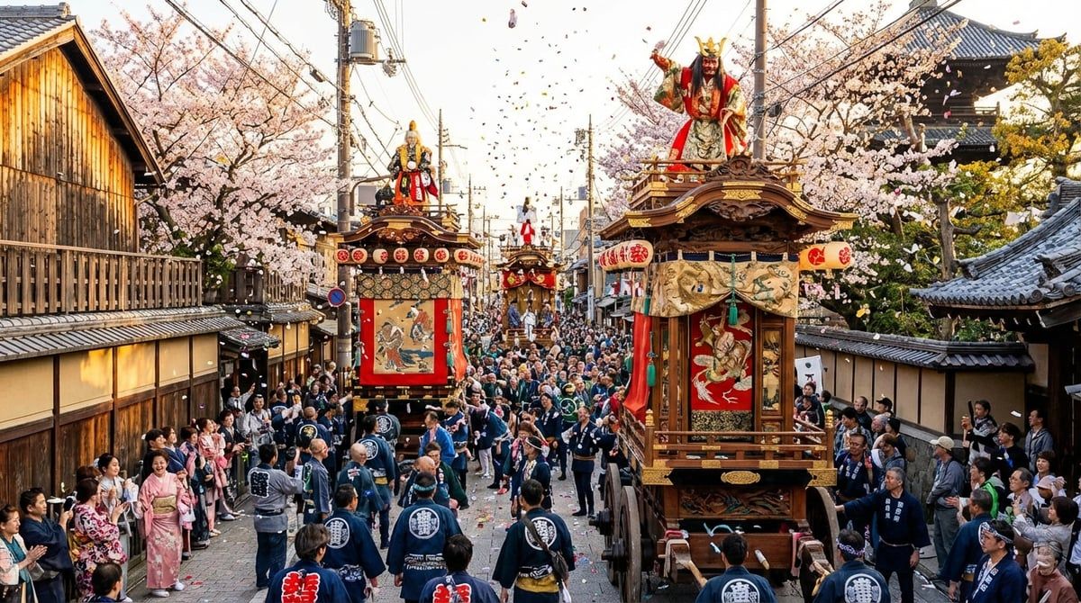 Japanese festival parade with decorated floats moving through streets of Japan, excited crowds watching from sidewalks, festive atmosphere, vibrant colors
