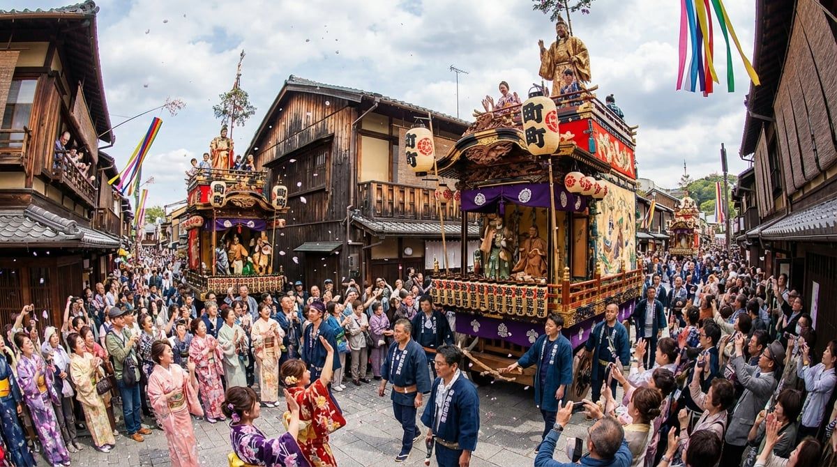 Japanese festival parade with decorated floats moving through streets of Japan, excited crowds watching from sidewalks, festive atmosphere, vibrant colors
