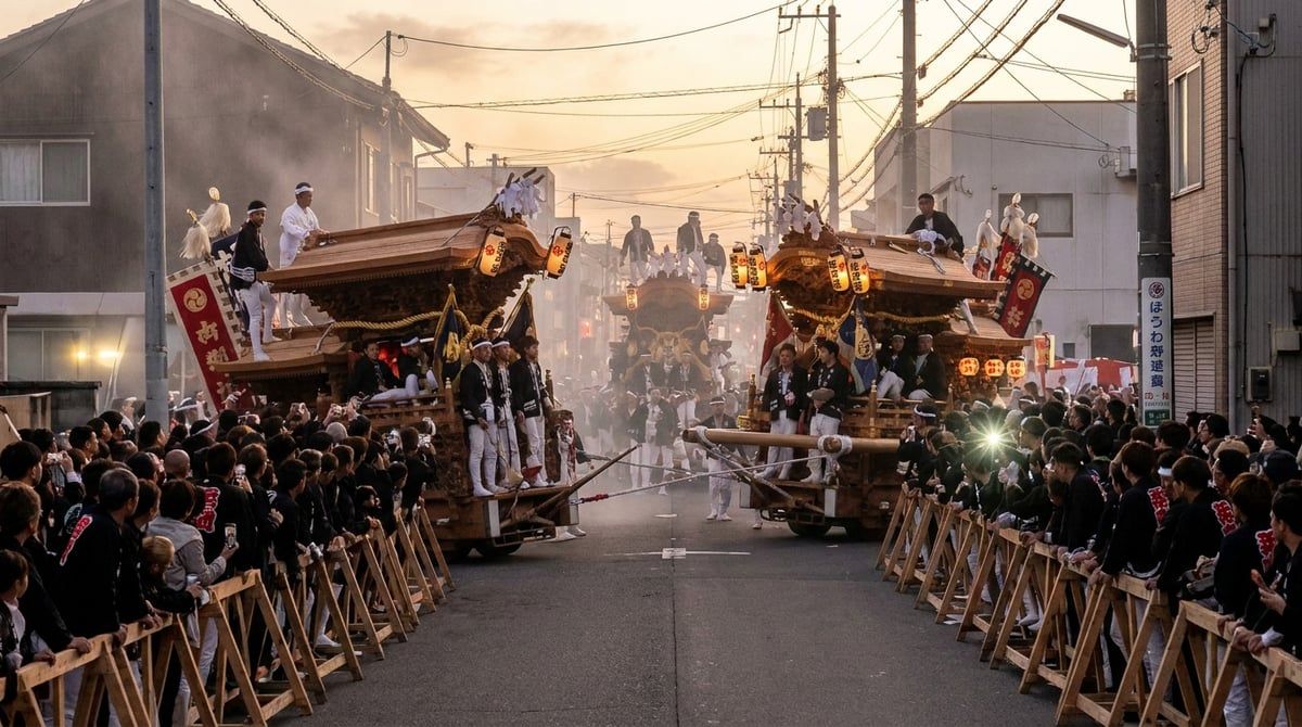 Wide shot of the 6am hikidashi, multiple danjiri floats launching simultaneously on an empty Kishiwada street at first light, ropes taut, crowd pressed to the barriers