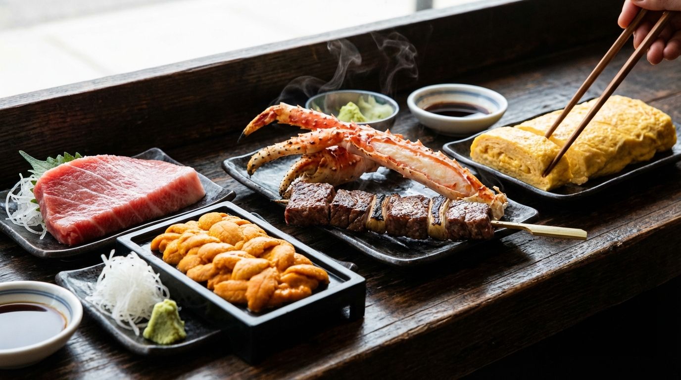 Close-up food collage showing five Kuromon Market specialties arranged on a dark wooden counter: a thick slice of ruby-red otoro (fatty tuna) sashimi with visible marbling, a fresh sea urchin (uni) portion in a black tray glowing orange, grilled king crab legs with steam rising, a skewer of A5 wagyu beef with a caramelized sear, and a fluffy golden dashimaki tamago (rolled egg) being sliced with chopsticks