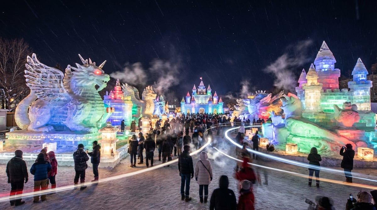 Japanese festival winter scene in Hokkaido, elaborate snow and ice sculptures illuminated at night, crisp atmosphere, visitors bundled in warm clothes