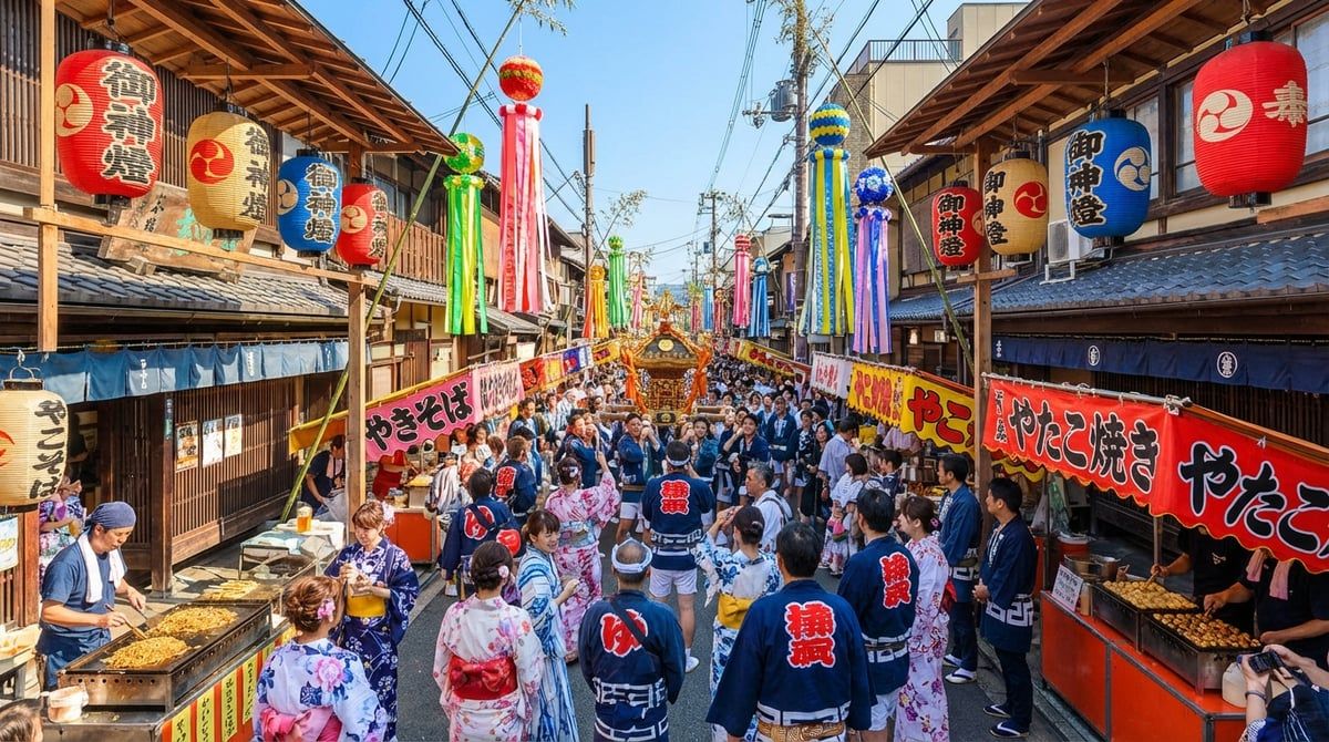 Vibrant Japanese festival scene in Japan, colorful festival decorations along traditional streets, bustling daytime atmosphere