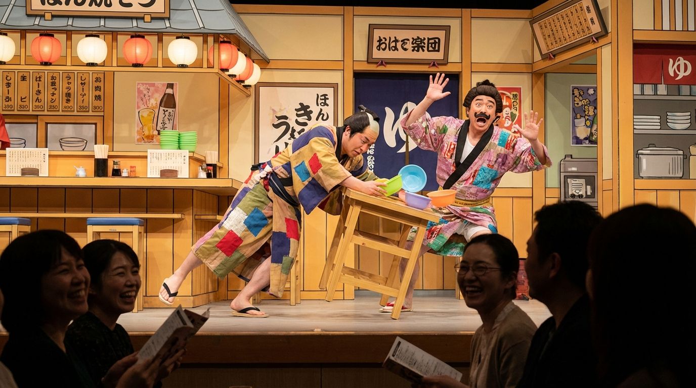 A shinkigeki slapstick scene on the NGK stage — comedians in exaggerated costumes mid-pratfall, one performer dramatically tumbling over a prop table while another reacts with a wide-mouthed expression of shock, the colorful stage set designed to look like a Japanese restaurant interior, audience members visible in the foreground laughing
