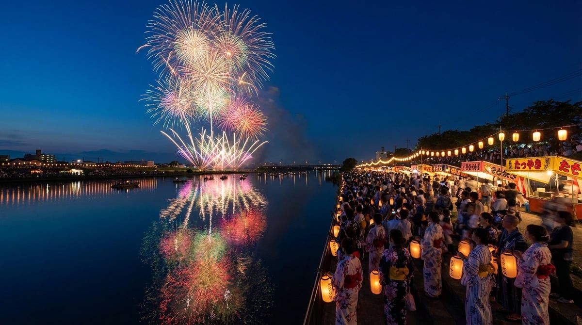 Fireworks display at Japanese festival over Japan, colorful explosions reflected in water, summer night sky, spectators in yukata