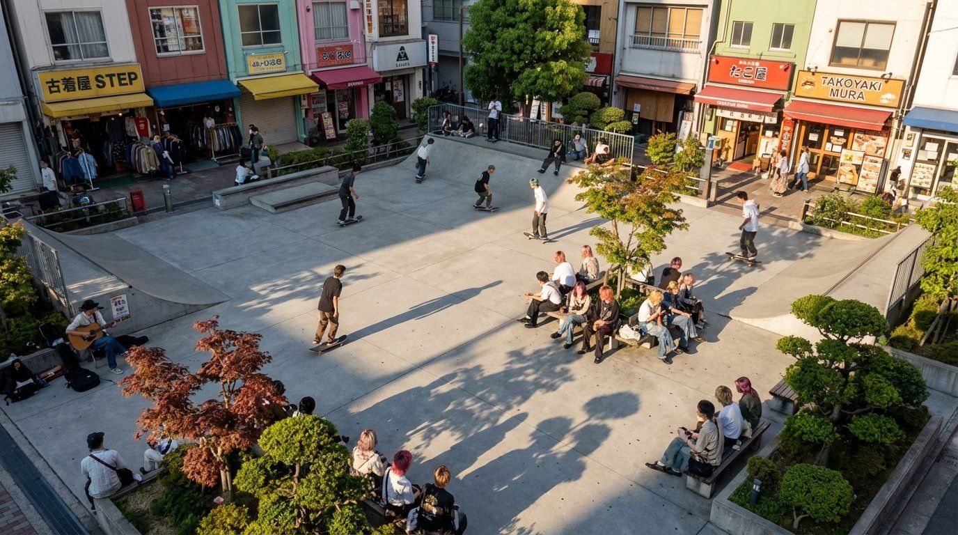 Triangle Park (Mitsu Park / Sankaku Koen) from above showing skateboarders, groups of fashionable young people sitting on benches, someone playing guitar, surrounded by the colorful facades of Amerikamura shops, late afternoon shadows stretching across the concrete, energy and movement everywhere