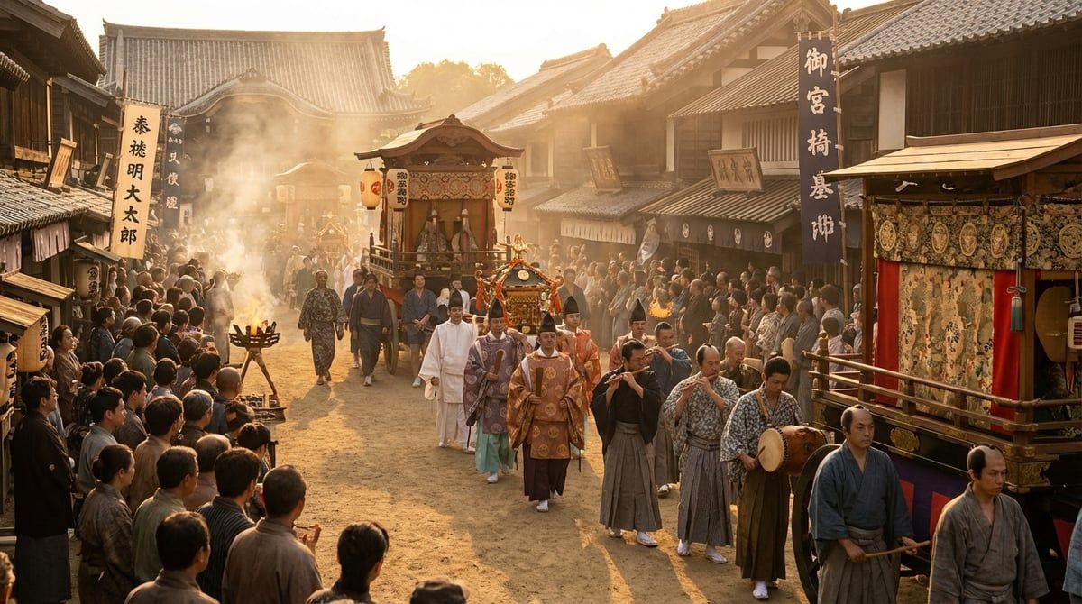 Historical scene of Gion Matsuri origins in Kyoto, ancient ceremony with traditional procession, warm golden light, atmospheric
