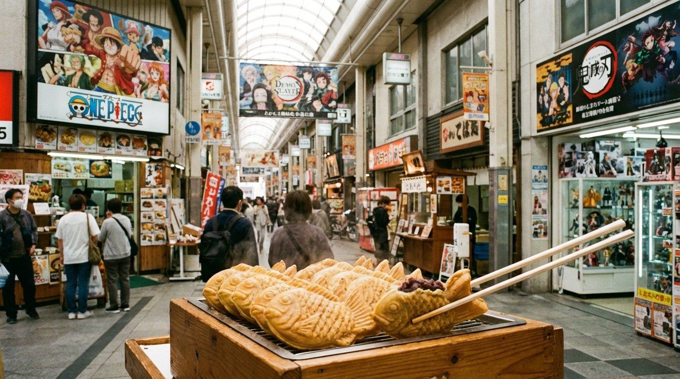 The colorful entrance to Nipponbashi's Den Den Town with anime billboards and figure shop displays visible along the covered arcade, a small taiyaki cart with golden fish-shaped cakes in the foreground, afternoon shoppers browsing between otaku stores and hidden food stalls