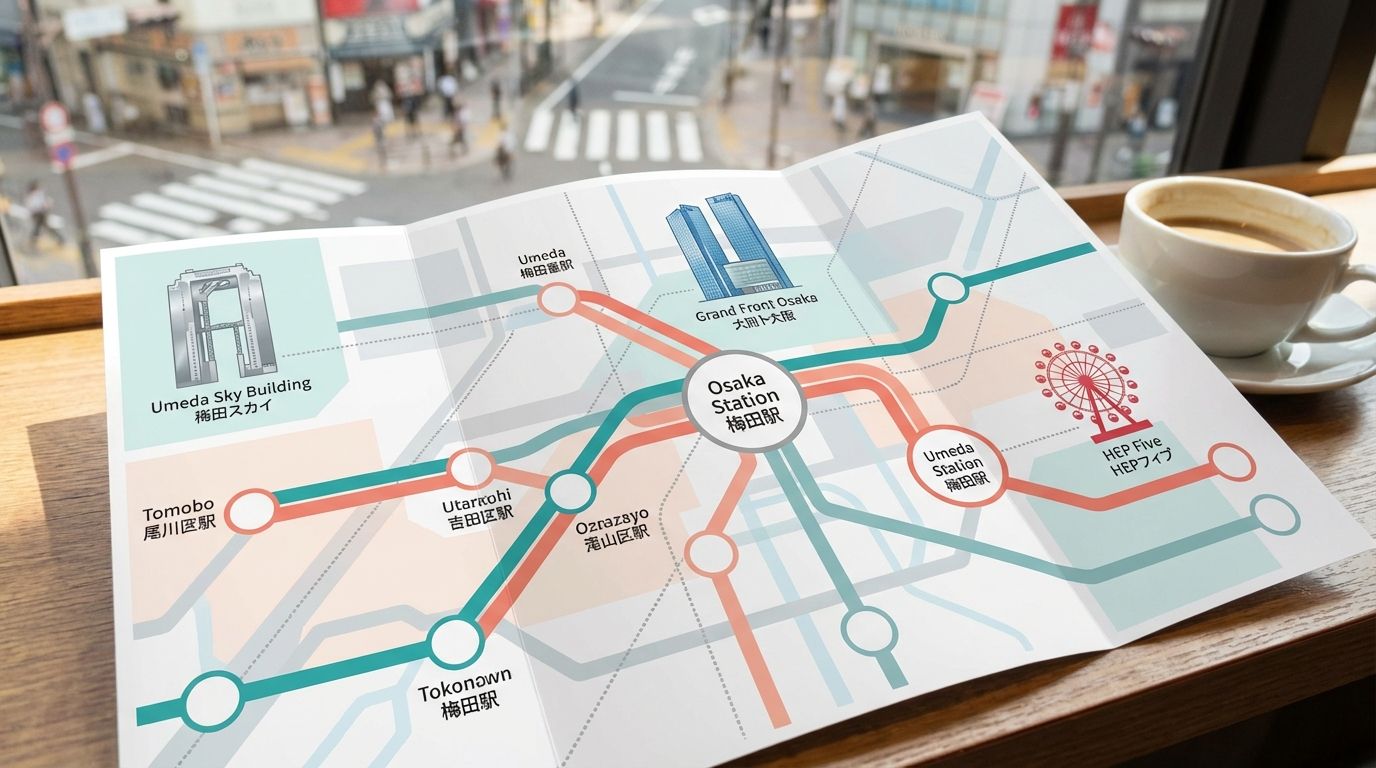 Clean illustrated map of Umeda district in modern teal, coral, and soft gray color palette, showing the interconnected stations as circular nodes connected by colored lines, the Umeda Sky Building icon to the northwest in silver, Grand Front Osaka's triple towers to the north in blue glass, HEP Five's red Ferris wheel to the east, and the vast underground network indicated with subtle dotted lines beneath a semi-transparent street grid