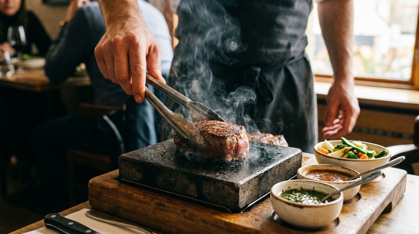 소고기 커틀릿이 테이블 위 뜨거운 돌에서 마무리 조리되는 모습, 셰프의 손이 보이는