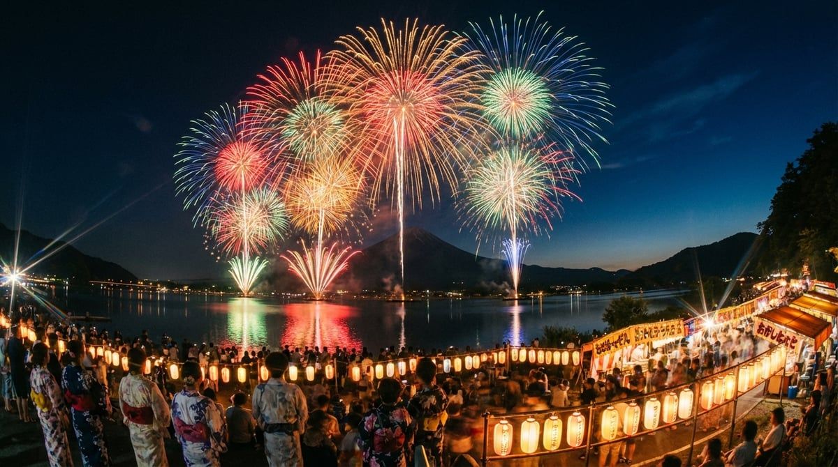 Fireworks display at Lake Kawaguchiko Fireworks over Kawaguchiko, Yamanashi, colorful explosions reflected in water, summer night sky, spectators in yukata