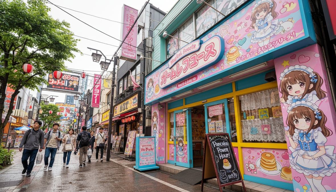 Colorful maid cafe storefront in Nipponbashi Den Den Town Osaka with cute anime-style signage and decorations on a narrow shopping street