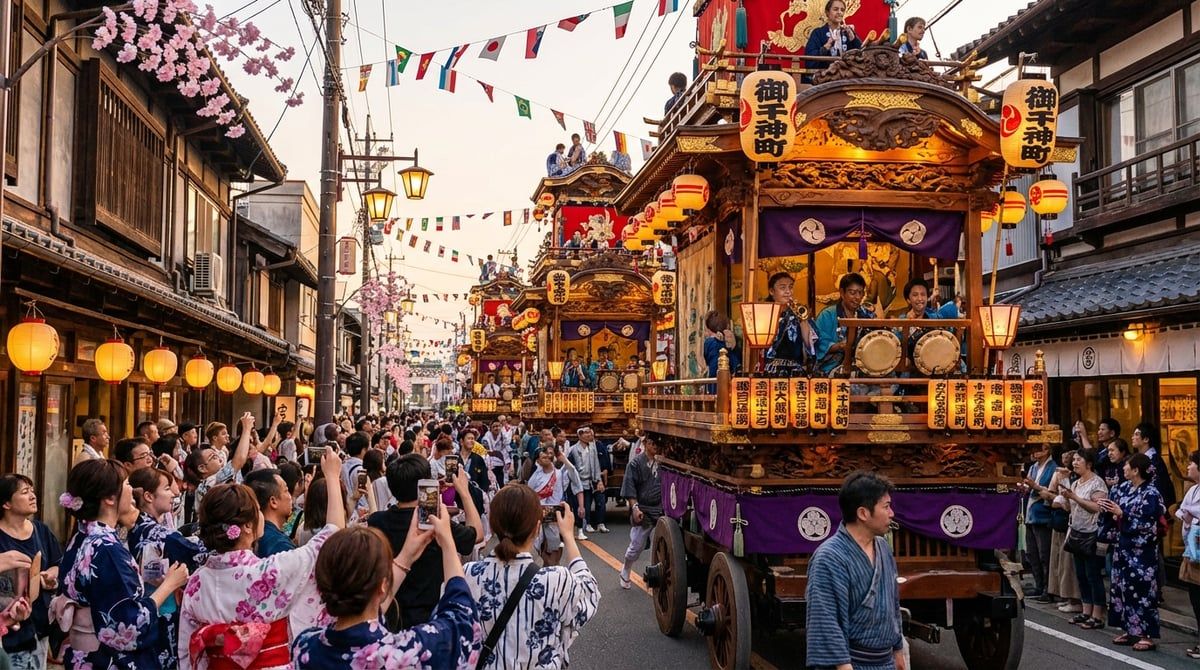 Japanese festival parade with decorated floats moving through streets of Japan, excited crowds watching from sidewalks, festive atmosphere, vibrant colors