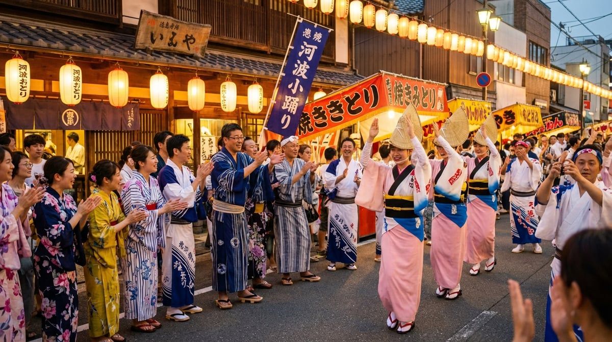Visitors in yukata enjoying Awa Odori in Tokushima City, friendly festival atmosphere, traditional lanterns, summer evening