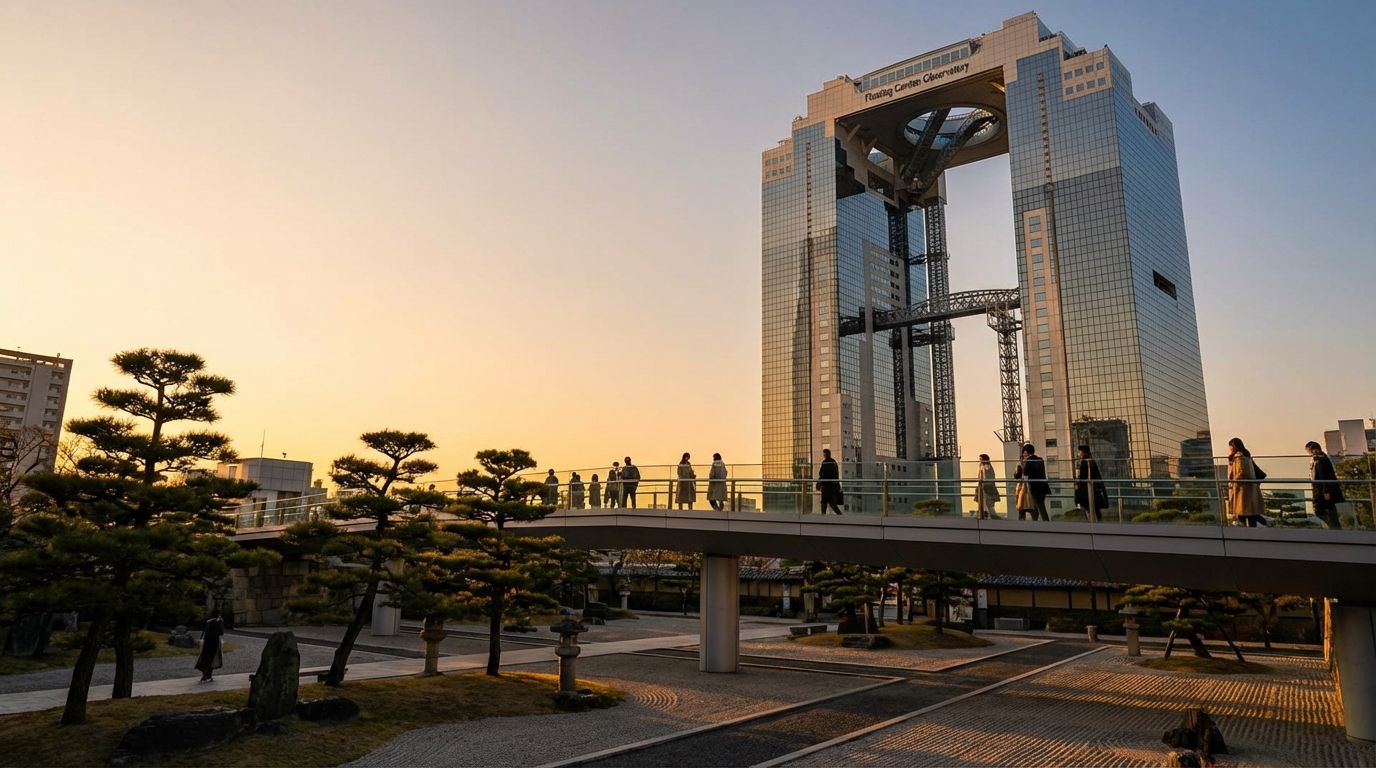 The Umeda Sky Building at golden hour bathed in warm amber light, its distinctive connected twin towers of silvery glass silhouetted against a gradient sky shifting from soft coral to pale gold to powder blue, the Floating Garden Observatory visible as a gleaming circular disc connecting the two towers 170 meters above ground, well-dressed pedestrians crossing the sleek approach bridge below, dramatic shadows stretching across the plaza