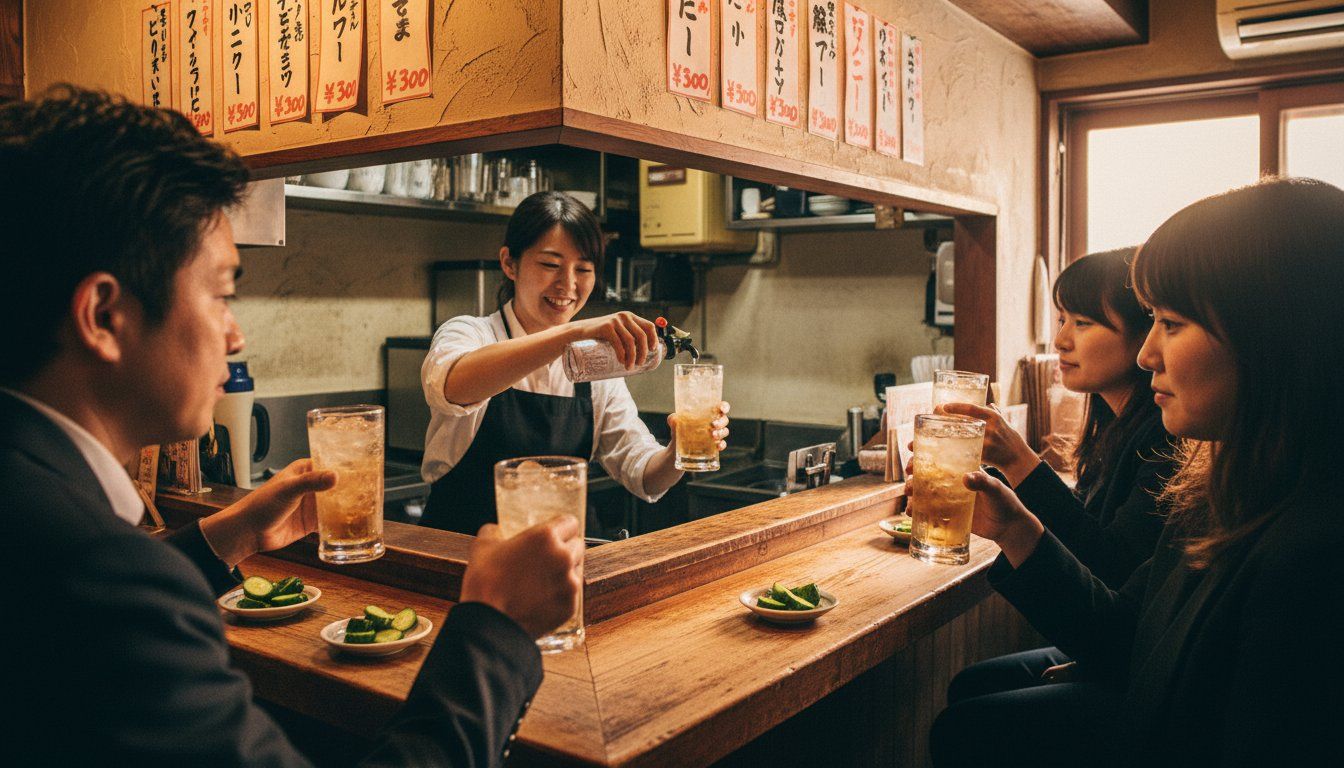 A tiny tachinomi standing bar barely three meters wide, five customers standing shoulder-to-shoulder at a wooden counter, highball glasses and small dishes of pickled cucumber visible, handwritten price signs showing ¥300 drinks pinned to the wall, a single staff member pouring drinks behind the counter