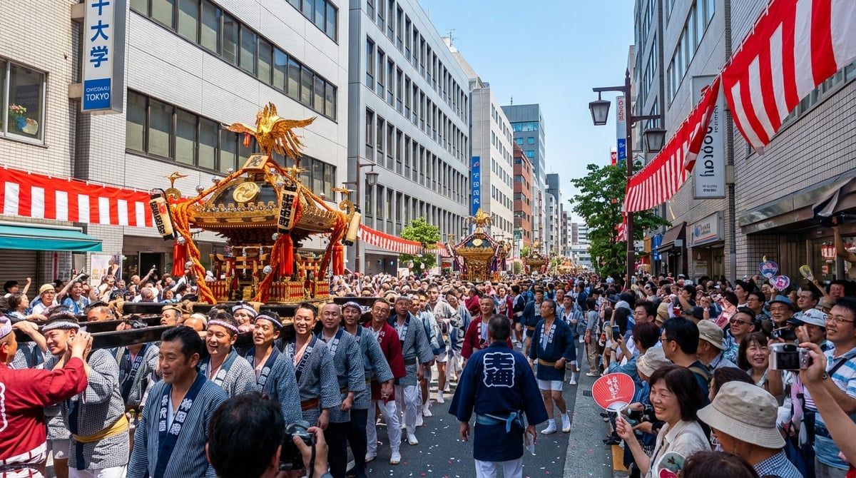 Kanda Matsuri parade with decorated floats moving through streets of Tokyo (Chiyoda-ku), excited crowds watching from sidewalks, festive atmosphere, vibrant colors