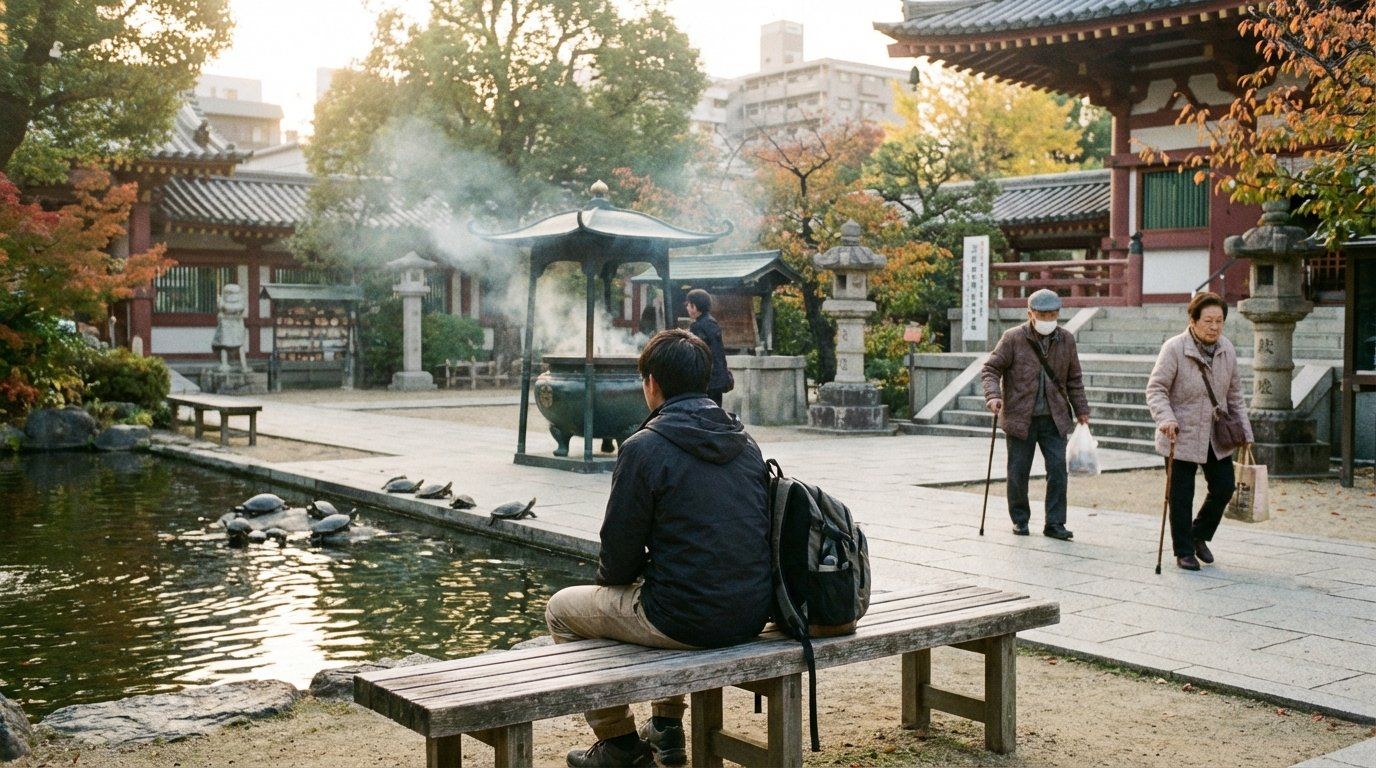 Early morning scene at Shitennoji Temple with a traveler sitting quietly on a bench near the Turtle Pond, elderly locals walking past in the background, soft golden light and incense smoke creating a peaceful atmosphere