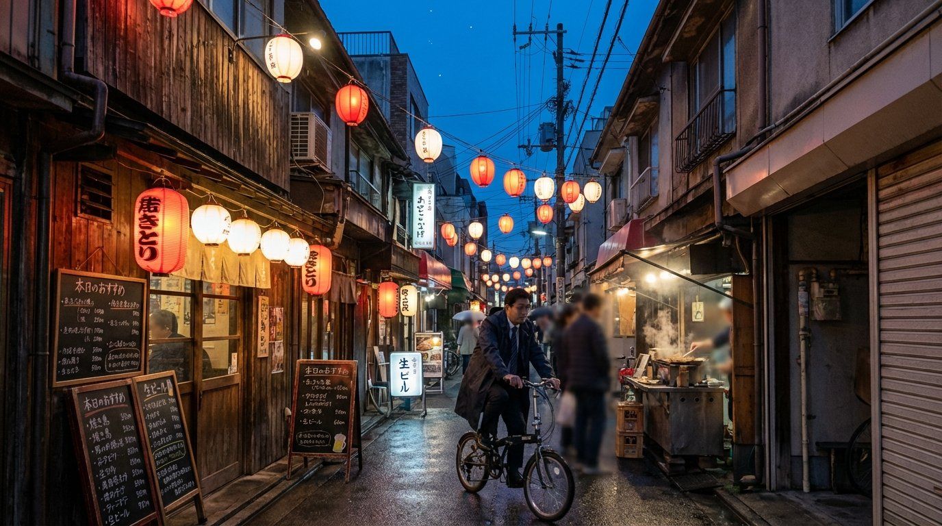 A narrow Nishikujo side street with small local restaurants and izakayas, paper lanterns glowing warmly, handwritten menu boards in Japanese propped outside doorways, a salary man on a bicycle passing by, evening atmosphere with the feeling of a real working neighborhood