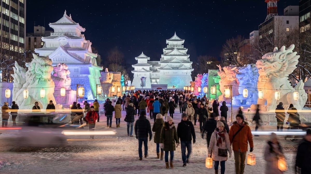 Sapporo Snow Festival winter scene in Sapporo, elaborate snow and ice sculptures illuminated at night, crisp atmosphere, visitors bundled in warm clothes