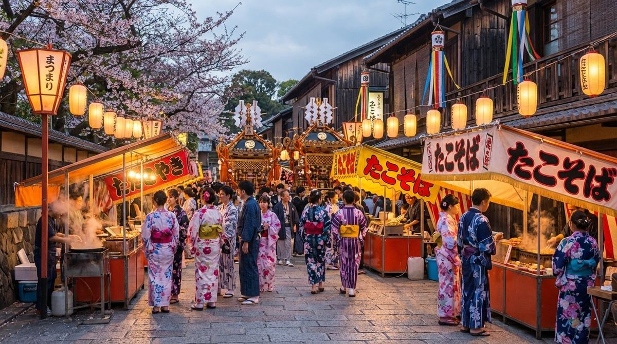 Beautiful scene from Japanese festival in Japan, traditional Japanese festival atmosphere, warm lighting, vibrant colors