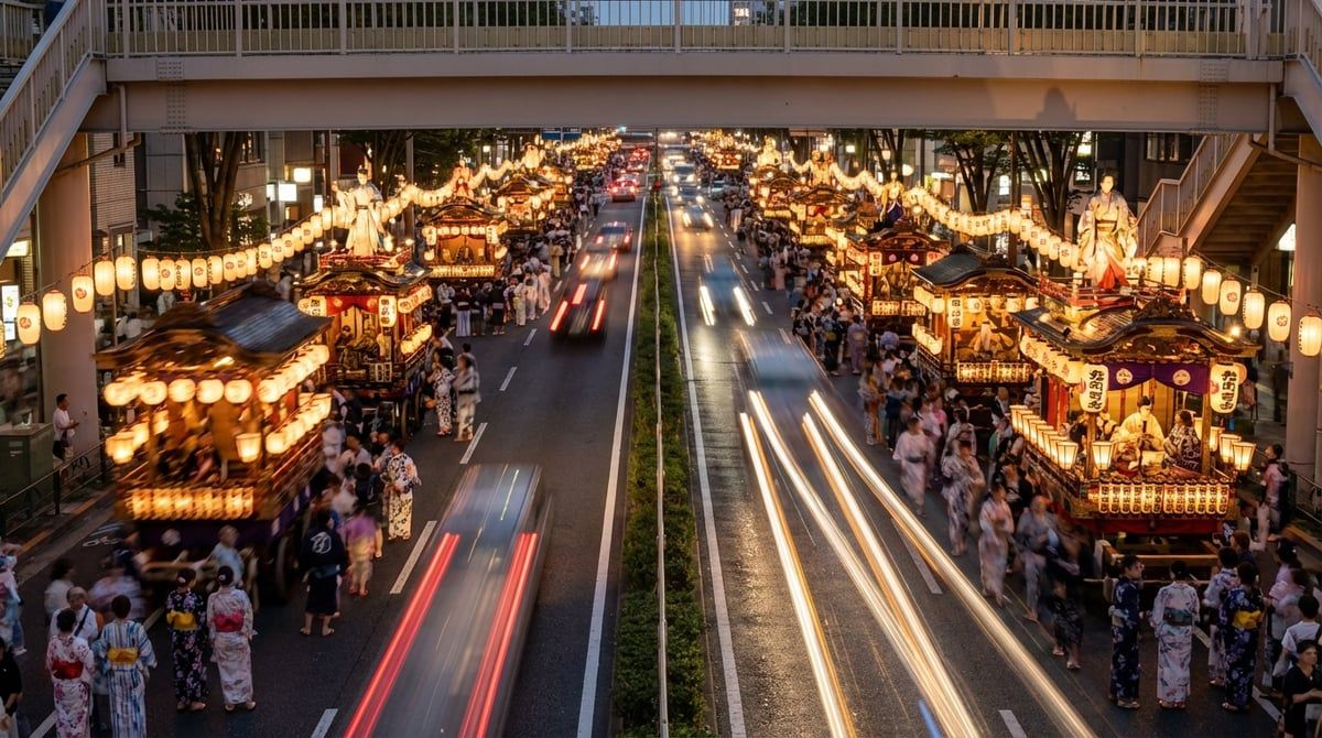 Nagoya Festival at night in Nagoya, illuminated floats and paper lanterns casting warm glow, magical atmosphere, summer evening