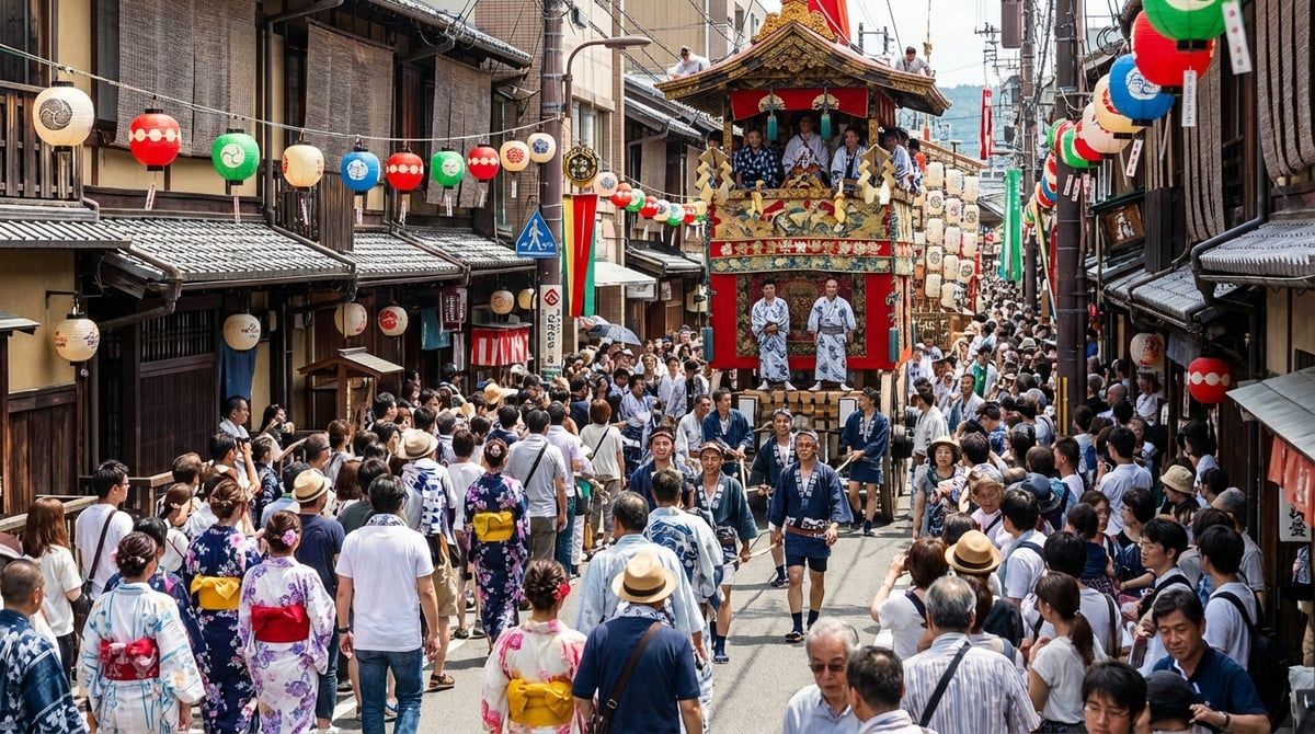Vibrant Gion Matsuri scene in Kyoto, colorful festival decorations along traditional streets, bustling daytime atmosphere