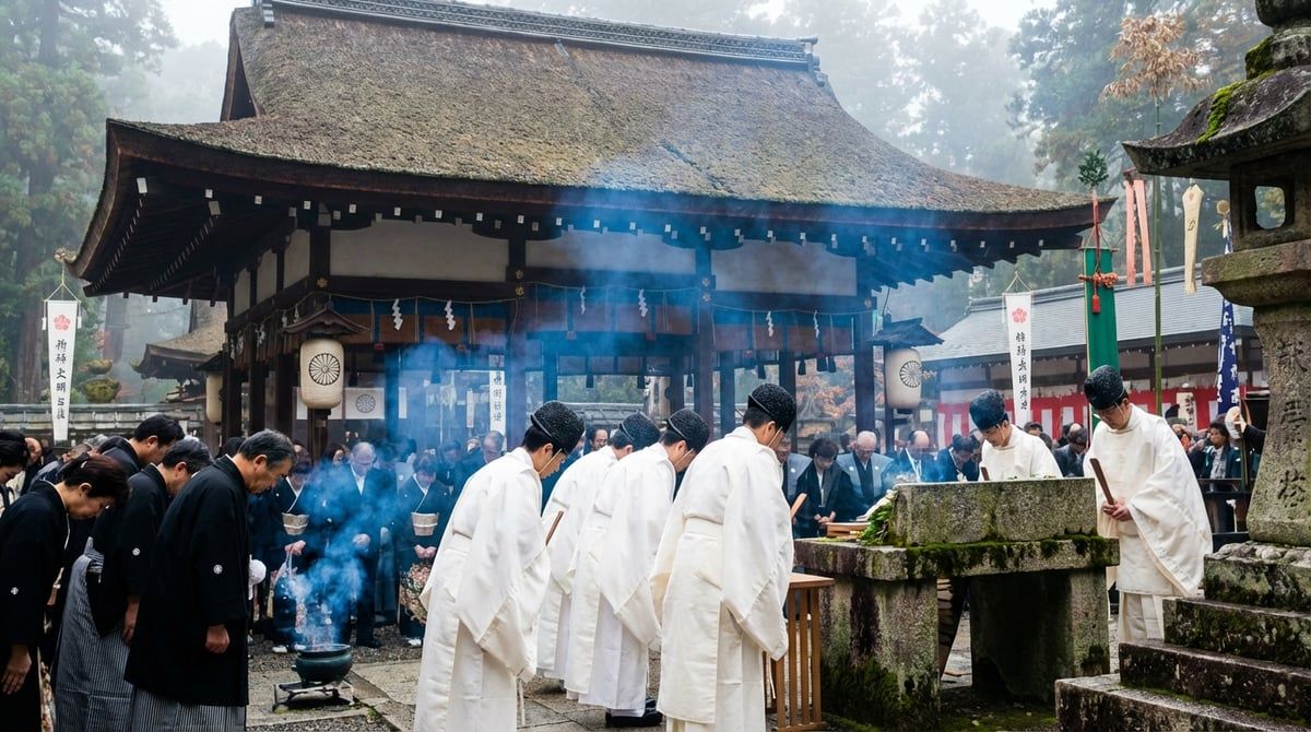 Shinto shrine ceremony during Japanese festival at Japan, priests in white robes, sacred ritual, incense smoke, solemn atmosphere