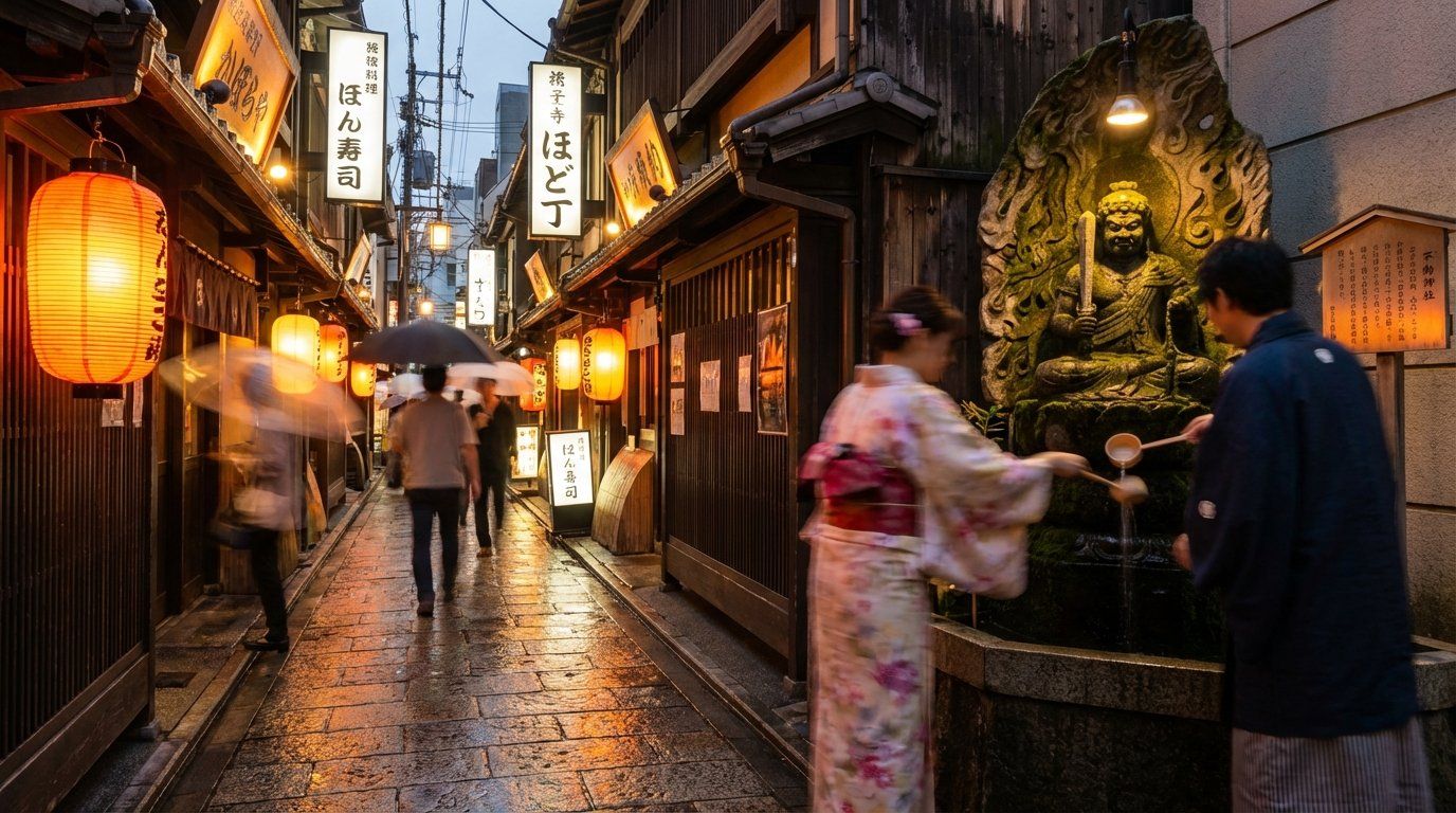 Narrow stone-paved Hozenji Yokocho alley at dusk, warm lantern light illuminating the path, the moss-covered Fudo Myo-o statue visible at the end, a couple pouring water over the statue, traditional wooden restaurant facades on both sides