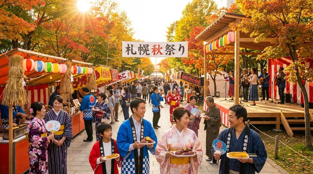 Autumn festival in Sapporo, vibrant red and gold maple leaves, traditional harvest celebration, warm afternoon light