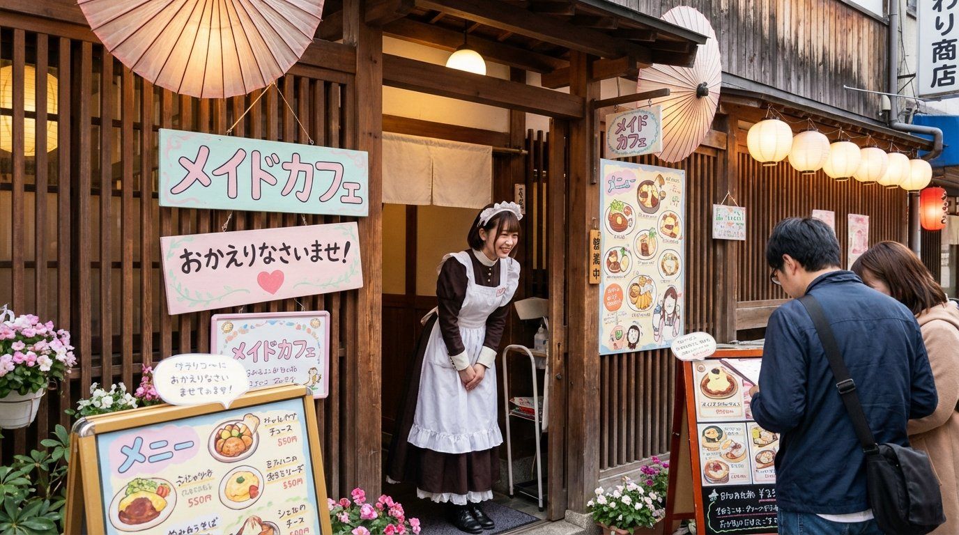 The entrance of a maid cafe on Otaroad with cute signage, a maid in a traditional long-skirted uniform standing at the doorway welcoming guests, pastel-colored decor and menu displays visible, warm inviting atmosphere