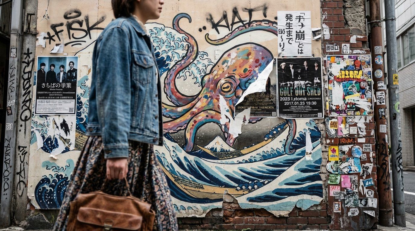 Close-up of a vibrant Amerikamura wall covered in layers of street art, graffiti, stickers, and wheat-paste posters, with a large colorful mural as the centerpiece, a person in vintage fashion walking past, the textures and colors creating an almost collage-like effect