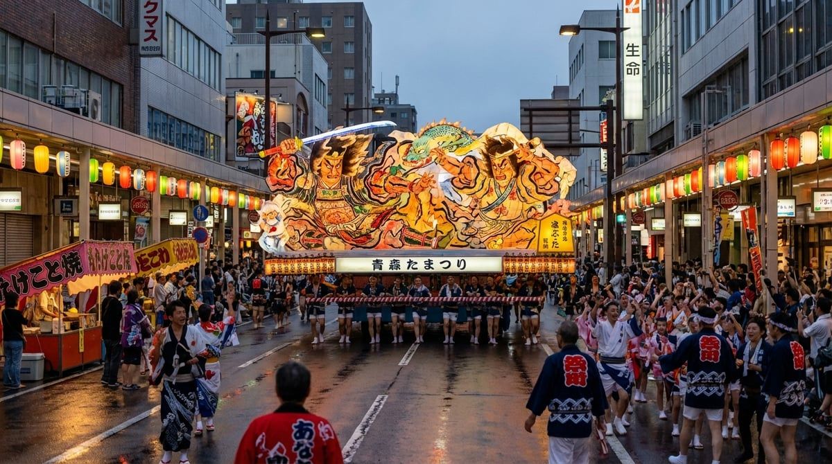 Nebuta Matsuri parade with decorated floats moving through streets of Aomori City, excited crowds watching from sidewalks, festive atmosphere, vibrant colors