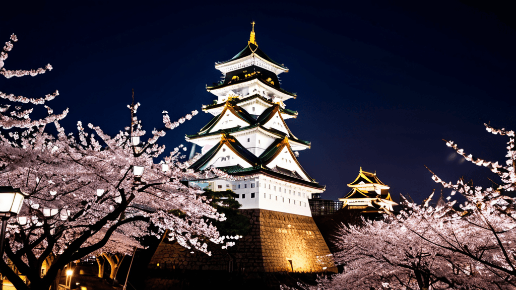 Night illumination of cherry blossoms with Osaka Castle tower in background
