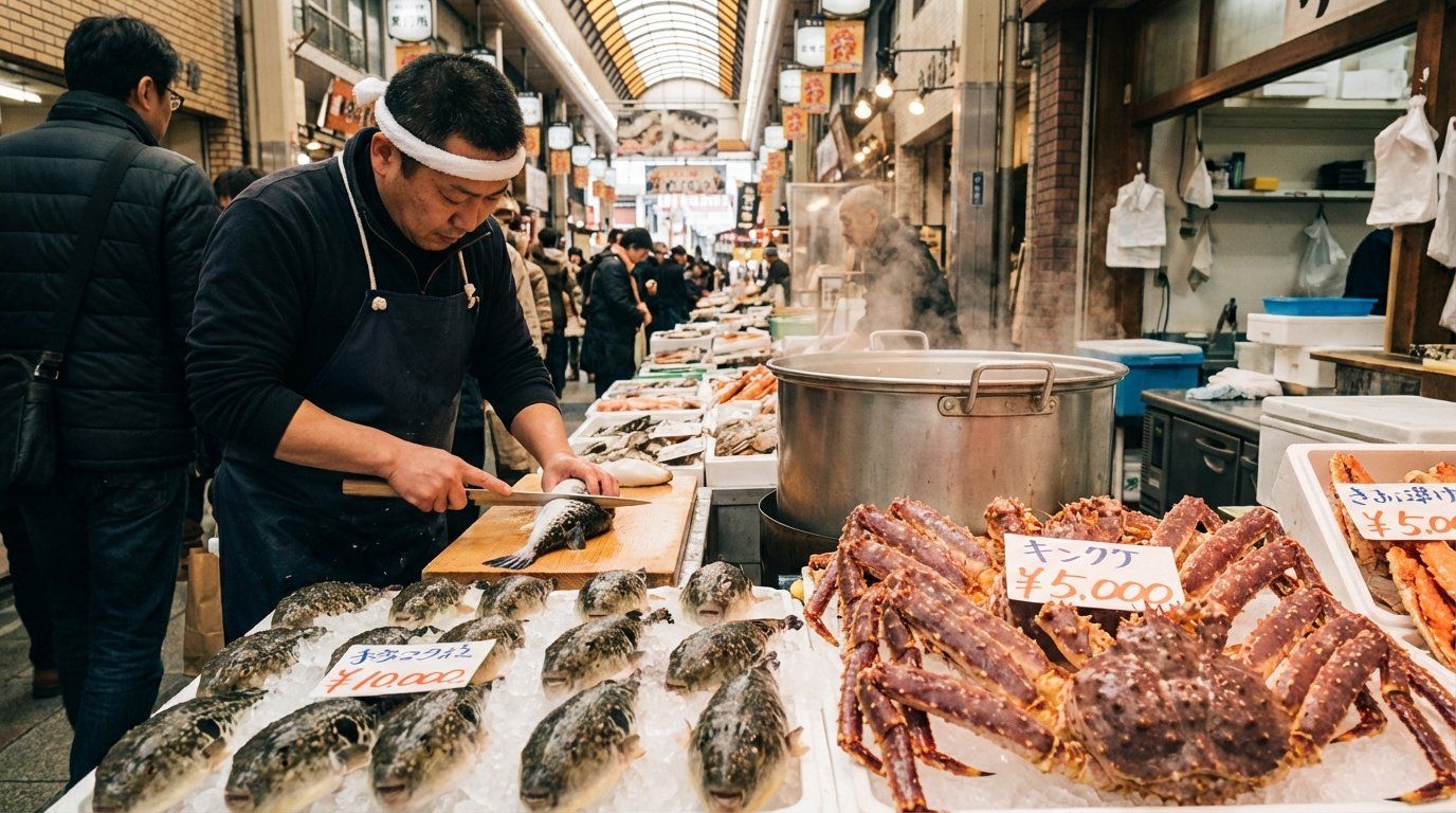 A seasonal display at a Kuromon Market stall showing winter specialties: whole fugu (pufferfish) arranged in neat rows on ice, enormous king crab legs fanned out on a display, a vendor in a white headband carefully slicing fugu with a thin specialized knife, steam rising from a pot of crab in the background, price tags in Japanese yen visible