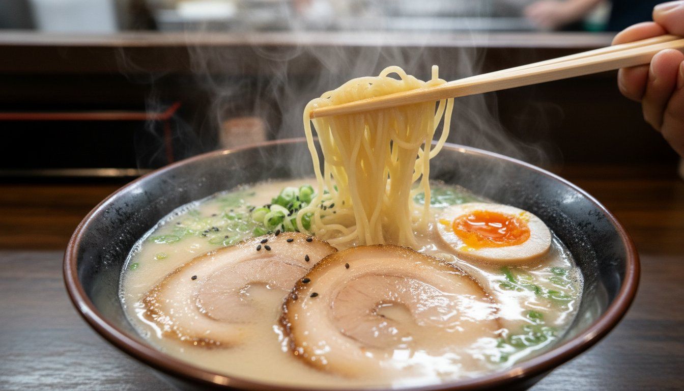 Close-up of a steaming bowl of rich tonkotsu ramen under fluorescent light — creamy white broth, thin noodles pulled up by chopsticks, chashu pork slices glistening, a soft-boiled egg cut in half revealing the orange yolk, green onions scattered on top