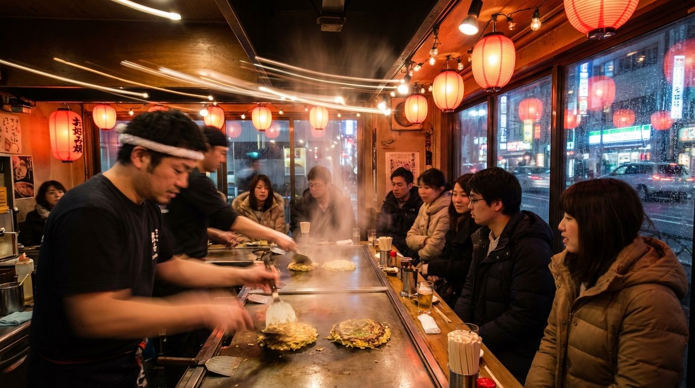 바쁜 오코노미야키 카운터의 밤 내부, 셰프가 굽고 손님이 서 있는