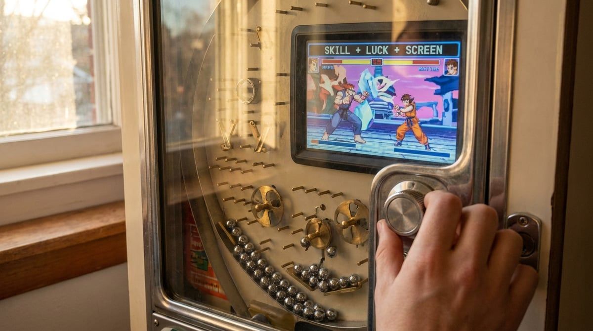 Close-up of player's hand on the silver knob, glowing LCD screen behind glass showing an anime-style action sequence, steel balls streaming through pins. Captures the "skill + luck + screen" combination.