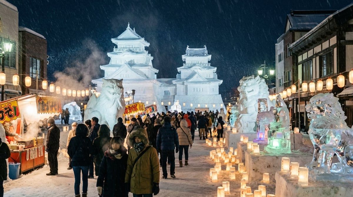 Japanese festival winter scene in Aomori, elaborate snow and ice sculptures illuminated at night, crisp atmosphere, visitors bundled in warm clothes