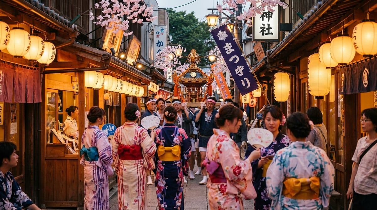 Beautiful scene from Japanese festival in Japan, traditional Japanese festival atmosphere, warm lighting, vibrant colors