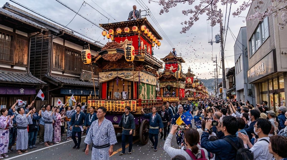 Japanese festival parade with decorated floats moving through streets of Japan, excited crowds watching from sidewalks, festive atmosphere, vibrant colors