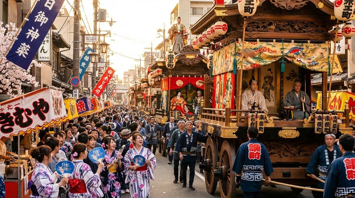 Japanese festival parade with decorated floats moving through streets of Japan, excited crowds watching from sidewalks, festive atmosphere, vibrant colors