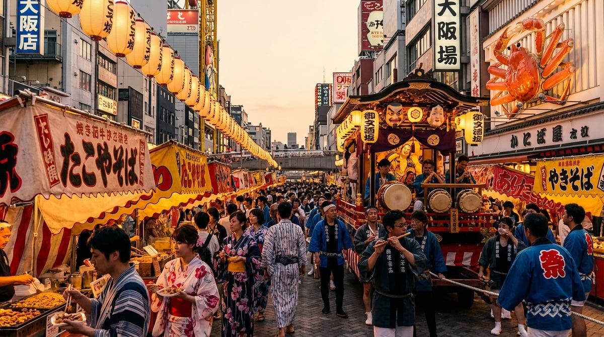 Beautiful scene from Japanese festival in Osaka, traditional Japanese festival atmosphere, warm lighting, vibrant colors